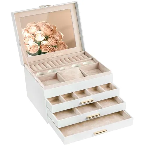 ADEL DREAM Schmuckkästchen Schmuckkasten mit 4 Ebenen Schmuckbox mit Verschluss große Schmuckstücke Schmuckaufbewahrung Geschenke für Damen Töchter und Freunde an Geburtstagen Cremefarben
