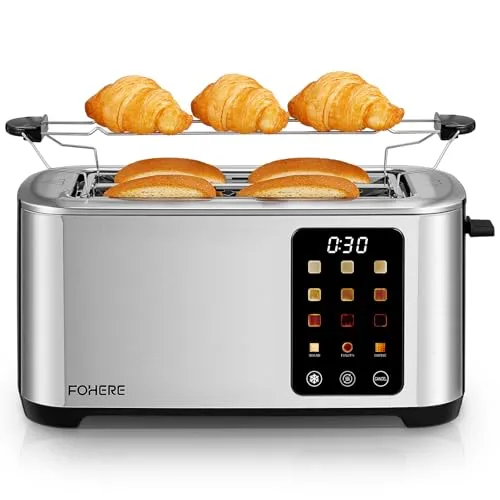Toaster 4 Scheiben, 1400W Edelstahl Langschlitz Toaster, 9 Farbeinstellungen und 3 Brotsorten, Abbruch-/Auftau-/Aufwärmfunktion,Touchscreen Bedienung, mit Brötchenaufsatz