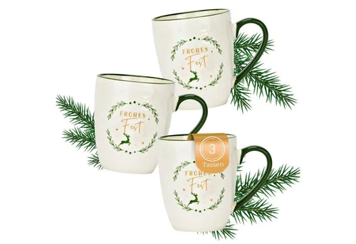 matches21 HOME & HOBBY Tasse Weihnachtstassen 3er Set Frohes Fest, Kaffeetassen 360 ml, 3-tlg., Porzellan, Tassen für Kaffee & Tee für Weihnachten