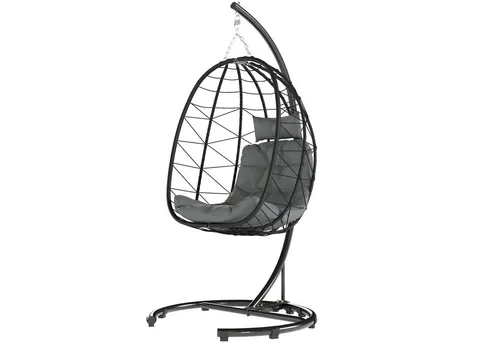 MC Star Gartensessel Hängesessel Egg Chair, wetterbeständig, Dunkelgrau - Genießen Sie entspannte Stunden im Freien mit diesem geräumigen Hängesessel. Robustes Design mit Stahlrahmen und handgeflochtenem Rattan, inkl. bequemen Kissen für optimalen Sitzkomfort. Ideal für Garten, Balkon oder Terrasse.