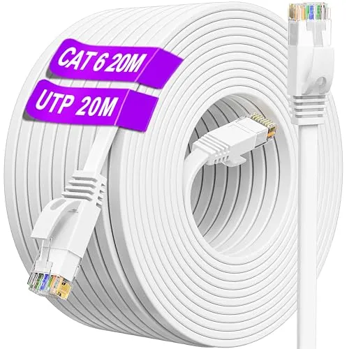 LAN Kabel 20meter weiß, Flach Netzwerkkabel 20m Cat 6 Hochgeschwindigkeits Gigabit-10/100/1000Mbit/s, Cat6 RJ45 20m Ethernet Kabel UTP, Flachbroad Internet Patchkabel für Router Switch Modem(20 Clips)