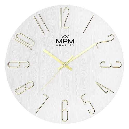 MPM Quality Design Wanduhr, Weiß/Gold, 3D Ziffern, präzises Quarz-Uhrwerk, ∅ 305 mm, Moderne Wand-Deko für Wohnzimmer, Schlafzimmer oder Büro
