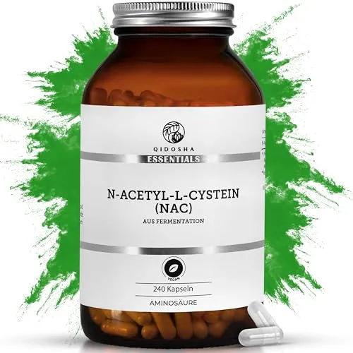 QIDOSHA® NAC 800 Kapseln hochdosiert - 240 Kapseln im Apothekerglas - Verzweigtkettige Aminosäuren (BCAA) - Hochdosierte 800 mg N-Acetyl-L-Cystein je Kapsel, vegan und laborgeprüft für höchste Qualität. Hergestellt in Deutschland in nachhaltigen Apothekergläsern.