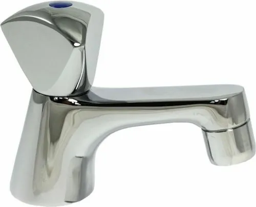 Standventil classic line verchromt - 90 mm Ausladung für Kalt/Warm - Sanitärinstallation mit hochwertigem Metall-Trianongriff in Blau/Rot, ideal für Warmwasseranwendungen und einfach auszutauschen.