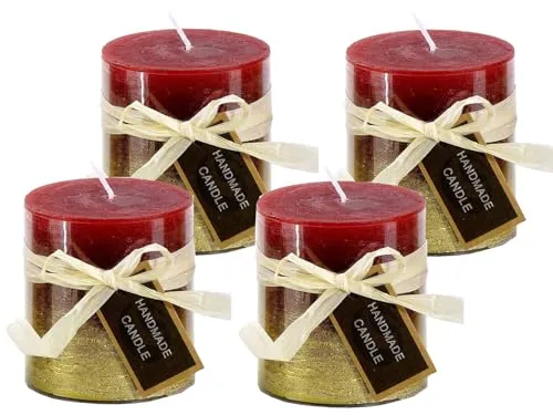 Stumpenkerze, handgemacht Rot-Gold-Metallic (4er Set) 7,2 x 6,8 cm - Kerze für Adventskranz, Kerzen, Advent