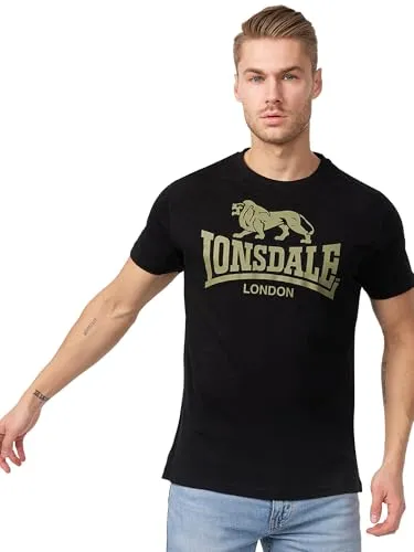 Lonsdale Herren Logo T-Shirt, Black/Olive, M EU - T-Shirts für Herren, aus 100% Baumwolle für hohen Tragekomfort, mit auffälligem Logo-Druck für einen sportlichen Look.