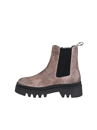 Apple of Eden Damen Boots DEMI - Stilvolle Chelsea Boots in DK Taupe - Wanderschuhe mit hochwertigem Leder-Obermaterial, ideal für vielseitige Outfit-Kombinationen. Bequemer Blockabsatz und robuster Reißverschluss für optimalen Tragekomfort.