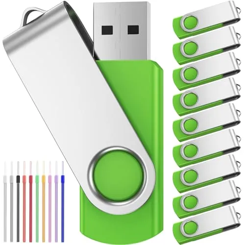 FEBNISCTE 10 Stück 16GB USB Stick Grün Einklappbarer USB 2.0 Flash Drive 16 GB Speicherstick Tragbar Flash Laufwerk mit Bunt 10er Pack Pendrive mit Handgelenkseile Memory Stick