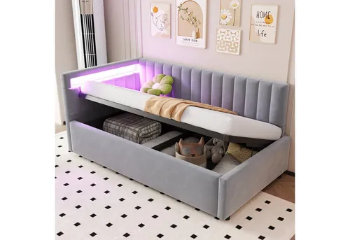 HAUSS SPOLE Schlafsofa 90x200 mit LED-Beleuchtung und hydraulischem Stauraum, Samt, Hellgrau, Daybett Tagesbett mit LED-Beleuchtung, hydraulischem Stauraum & verstellbarem Kopfteil, Samtbezug, Ohne Matratze