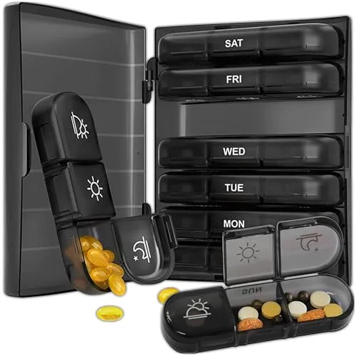 KRUMAD Tablettenbox 7 Tage Klein, Pillendose Morgens Abends mit Fächern, Kompakter Pill Organizer, Medikamentenbox für Tabletten & Supplements, Tabletten Organizer für Woche und Reise