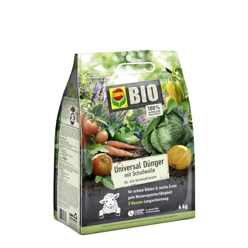 COMPO BIO Universal Langzeit-Dünger mit Schafwolle, 4 kg für Gartenpflanzen - Hochwertiger Naturdünger mit 50% Schafwolle bietet bis zu 5 Monate Langzeitwirkung. Ideal für kräftiges Wachstum von Gartenpflanzen, Obst und Gemüse. Einfache Anwendung dank praktischer Pelletform.