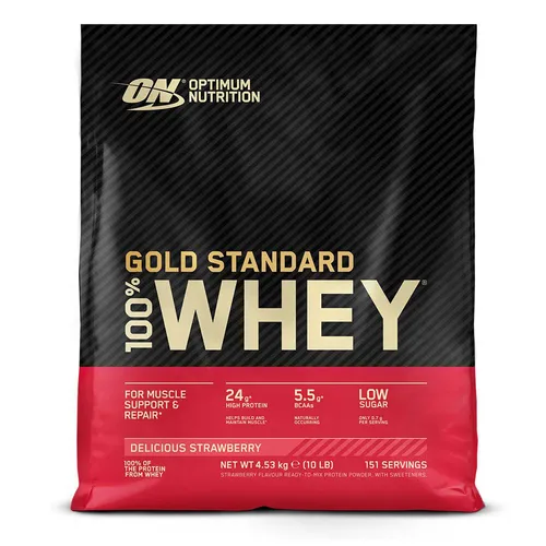 Optimum Nutrition 100 % Whey Gold Standard 4.53 kg - Delicious Strawberry - Protein Shakes & Muskelaufbau, hoher Proteingehalt für effektiven Muskelaufbau und Erholung nach dem Training.
