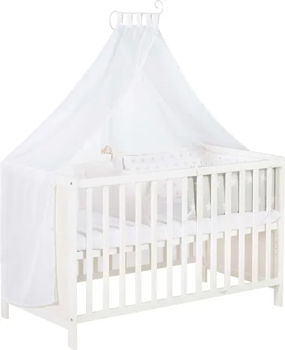 Multifunktionsbett mit Beistellfunktion 60 x 120 cm, weiß - Betten: Höhenverstellbares Beistellbett 'Sterne grau' mit 5 herausnehmbaren Schlupfsprossen, ideal als Anstellbett für Eltern, inklusive Bettausstattung.