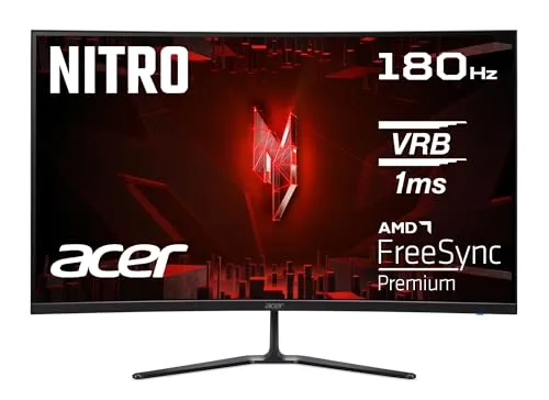 Acer Nitro ED320QR S3 Gaming Monitor 31,5 Zoll - Curved Full HD Gaming Monitor mit 180Hz und 1ms Reaktionszeit für flüssiges Gameplay. Ideal für Gamer, die hohe Kontraste und breite Sichtwinkel schätzen.
