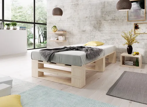 Lermowood Palettenbett M2 90 x 200 cm Natur Holzbett Massivholzbett Bett aus Paletten Seniorenbett Kinderbett Jugendbett