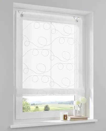 Raffrollo mit Ösen, Jasmin-Stick, Creme/Weiß - Dekoratives Ösen-Raffrollo in verschiedenen Größen, einfache Montage ohne Schrauben, 100% Polyester für stilvolle Fensterdekoration.