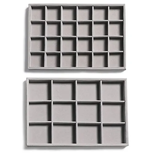 Frebeauty Stapelbare Samt-Schmuck-Organizer-Ablagen für Schubladen Einsätze Schmuckaufbewahrung Vitrinen Ohrstecker Armbänder Halsketten Ringe Zubehör Tabletts für Frauen(2er-Set,Grau)