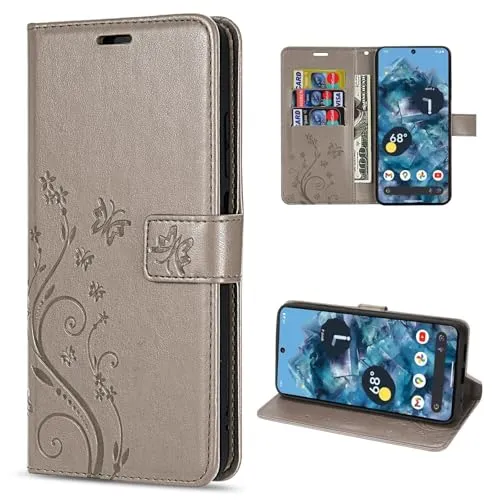 Hülle Kompatibel mit Google Pixel 8A | Premium PU Leder Handyhülle Wallet Case für Pixel 8A | Schutzhülle Blumen Klapphülle Handyhülle | Grau
