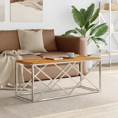 The Living Store Couchtisch Edelstahl und Massivholz Akazie