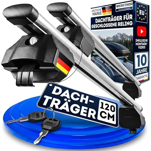 WERKTHOR Alu Dachträger 120cm für Offene Reling – Aerodynamischer, Vormontierter & Abschließbarer Träger für 90kg - Robuster Dachträger mit aerodynamischem Design für leisen Betrieb bis 130 km/h. Ideal für Fahrradträger und Dachboxen, sicher und einfach zu montieren. Inklusive Diebstahlschutz für maximale Sicherheit auf Reisen.