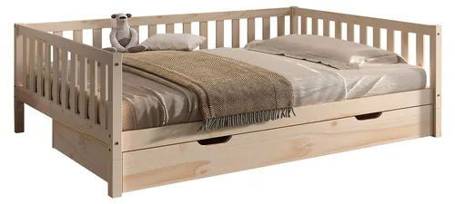 Tagesbett Kapua 140x200 mit Bettschublade aus Kiefer Massivholz - Modernes Tagesbett mit 140 x 200 cm Liegefläche, umbaubar zum klassischen Bett. Inklusive stabiler Bettschublade auf Rollen für zusätzlichen Stauraum. Ideal für Gäste oder als stilvolles Möbelstück.