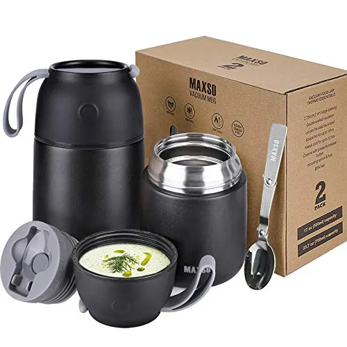 Thermobehälter für Essen 500ml & 700ml Kinder Edelstahl Warmhaltebebehälter mit faltbaren Löffel, Speißen, Suppe, Brei, Joghurt, Thermo Speisgefäß Unterwegs, 2 Isolierbehälter im Set, Schwarz
