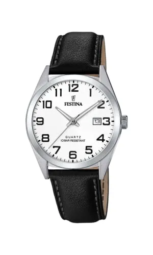 Festina Herren Analog Quarz Uhr F20446/1 - Armbanduhren für Herren mit silbernem Gehäuse, 40 mm Durchmesser und Datumsanzeige. Das schwarze Lederarmband bietet hohen Tragekomfort und ist bis 10 Bar wasserdicht.