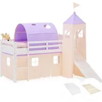 Homestyle4u Hochbett in Lila und Weiß - Hochbett für Kinderzimmer, mit Rutsche und Turm für kreative Spielwelten. Inklusive Lattenrost und Komfortschaummatratze, sicher und flexibel montierbar.