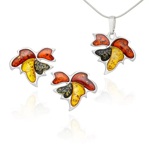 AMBEDORA Damen Schmuckset Ausgefallene Blätter | Sterling Silber 925 Glanz | Baltischer Bernstein in drei Farben | Kettenanhänger und Ohrringe | Fertiges Geschenkset