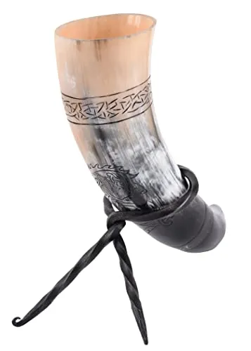 Battle-Merchant | Hochwertiges Wikinger Trinkhorn mit Ständer und Fenrir Motiv | Rinderhorn graviert im Set mit Hornständer | Mittelalterliches Met-Horn bis zu 300ml