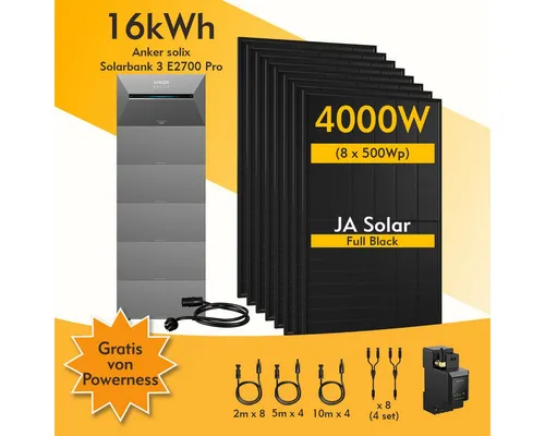 Powerness® Balkonkraftwerk mit Speicher - Anker SOLIX Solarbank 3 E2700 Pro - Powerstations mit 16.1 kWh Gesamtspeicher und 4kWp Spitzenleistung. Ideal für höchste Energiebedarfe, inklusive umfangreicher Kabelausstattung für professionelle Installationen.