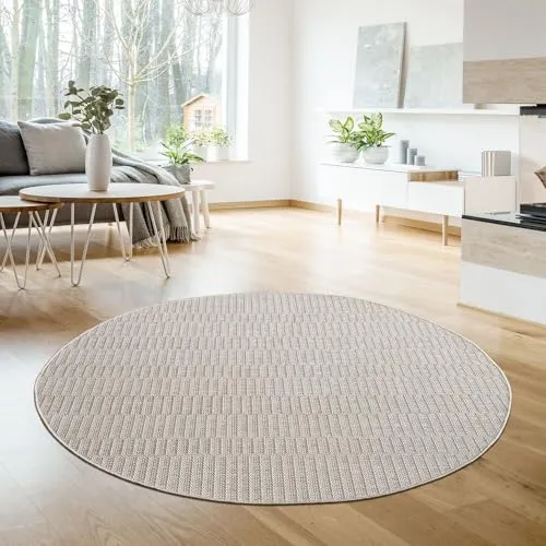 TT Home In-& Outdoorteppich Wetterfest Terrasse Balkon Esszimmer Boho Motiv Moderner Skandi Look Unifarben, Farbe:Beige, Größe:200 cm Rund