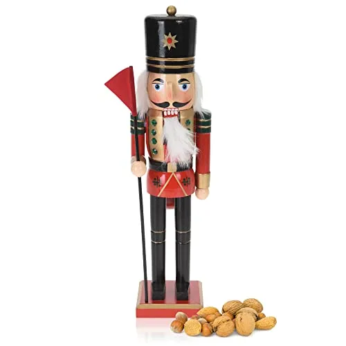 com-four® Dekofigur Nussknacker mit roter Fahne - Weihnachtsdeko in Form eines traditionellen Nussknackers - Deko-Nussknacker im klassischen Design (XL - Fahne rot)
