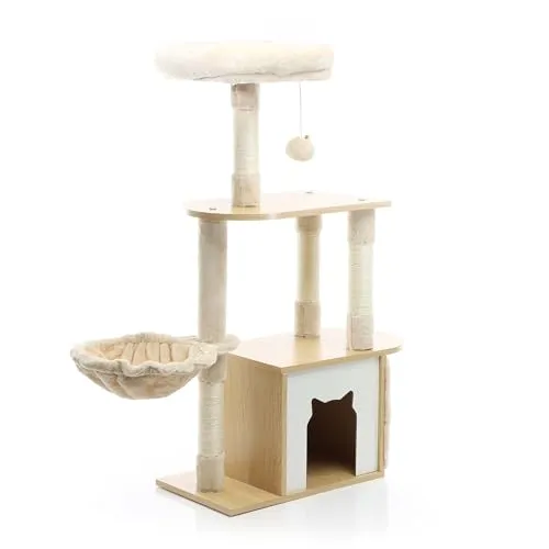 Fudajo Kratzbaum Beige 106 cm - Katzenhaus & Liegemulde - Aktivitätskratzbäume mit ästhetischem Design aus Holz und Plüsch, ideal für Entspannung und Spiel mit stabilem Katzenhaus und Sisal-Kratzstämmen.