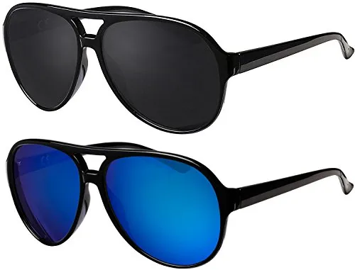 Sonnenbrille Herren Damen La Optica UV400 Retro Pilotenbrille Fliegerbrille - Set Glänzend Schwarz (1 x Grau, 1 x Blau verspiegelt)