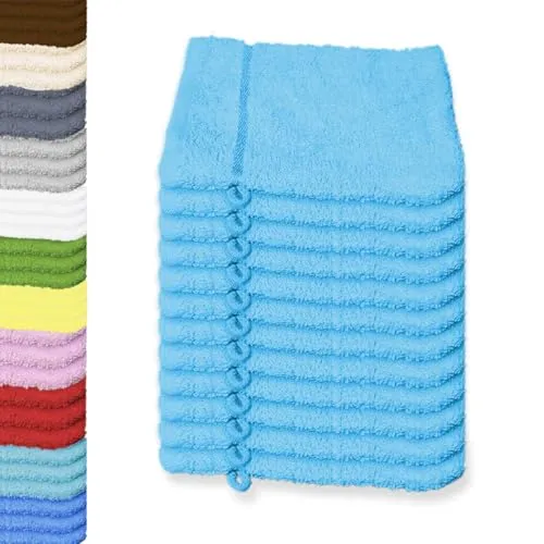 12er Pack Waschhandschuhe aus Baumwolle, Frottee mit Kordelaufhänger 480 g/qm 15x21 cm, Türkis