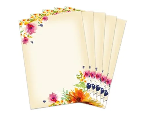 Briefbögen DIN A4, beidseitig per Hand beschriftbar und mit allen Druckern und Kopierern bedruckbar für Einladungen Briefpost Firmenpost Urkunden Zertifikate, bunte Blumen, Astern, cremefarben 50