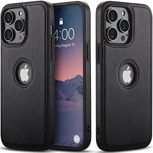 Hulveze PU Leder Hülle für iPhone 14 Pro, Retro Premium Luxus PU Leder, Dünner Weicher Rutschfester Griff Flexible Stoßstange Stoßfeste Ganzkörper Schutzhülle Cover für iPhone 14 Pro 2022(Schwarz)