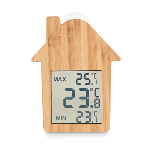 Wetterstation - Hausform - Thermometer - Bambus Holz - Saugnapf - Geschenk
