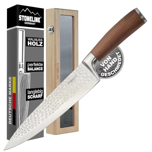 STONELINE Hammerschlag Damastmesser 20 cm – Profi Kochmesser mit Walnussgriff