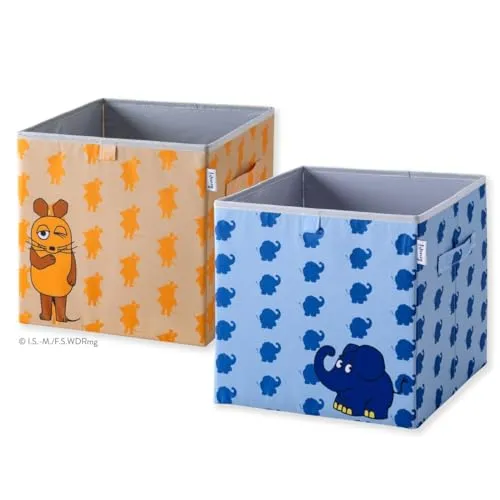 LIFENEY meets Die Maus – 2x Aufbewahrungsbox im Streuprint - Truhen & Kisten für Kinder mit kultiger Maus und Elefant, ideal für Ordnung im Kinderzimmer und passend für Würfelregale, robust und stylish aus 100% Polyester.