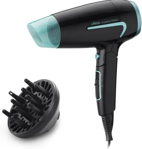 Ufesa Trip & Dry Kompakt-Haartrockner, faltbar, 1600 W, 2 Geschwindigkeiten, 2 Temperaturen, Diffusor und Konzentrator, ideal für unterwegs