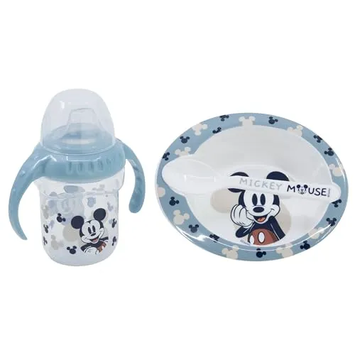 Disney Minnie Maus Geschenk-Set für Kinder, aus BPA-freiem Kunststoff und Silikon, mit Babyflasche, Schüssel und Löffel, waschbar und wiederverwendbar, Blau