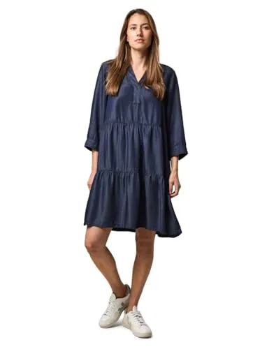 Cecil Damen Lyocell-Kleid - Freizeitkleid in Jeans-Optik, Midi-Länge mit geschlitztem Rundhals und 3/4-Ärmeln, ideal für lässige Outfits und modernes Styling.