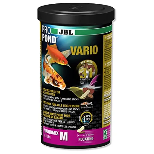 JBL Futter für alle Teichfische, Schwimmendes Futtermenü aus Flocken und Sticks, Spezialfutter, PROPOND VARIO, Größe M, 130 g
