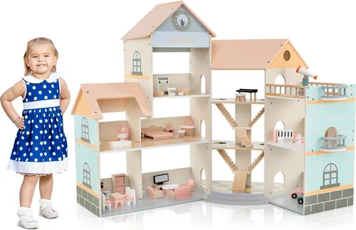 GOPLUS Puppenhaus aus Holz, Puppenvilla mit 36-teiligem Zubehör, 6 Zimmern, eingebauten Balkonen & Garage, 2 Spielzeughäuser für Kinder ab 3 Jahren