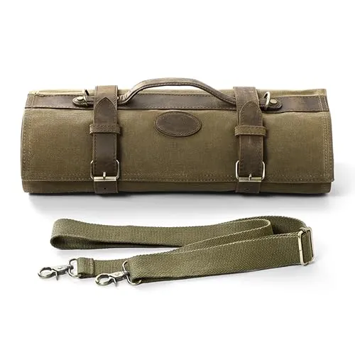 ZAYIKO Profi Kochmesser Messertasche (grün) – 12 Schlitze für Küchenprofis - Messertaschen für Profis: Robuste 16oz gewachste Segeltuch und Crazy Horse Leder vereinen Stil und Langlebigkeit. Perfekt für bis zu 12 Kochmesser, ideal für unterwegs!