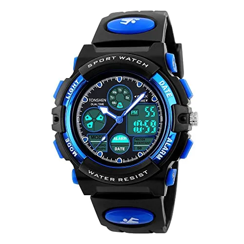TONSHEN LED Digitaluhr Analog Quarzuhr Doppel Zeit 50M Wasserdicht Uhr Outdoor Militär Tactical Sport Uhren Plastik Lünette mit Silikon Band Neutral Armbanduhr (Blau)