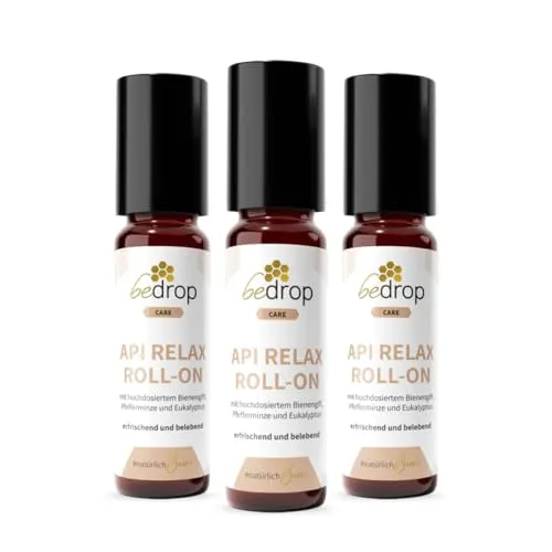 bedrop Api Relax Roll-On – Erfrischende Pflege mit Bienengift und Eukalyptus | 10ml (3er Pack) - Entspannender Roll-On für Schläfen und Muskeln, angereichert mit natürlichem Bienengift, Pfefferminze und Eukalyptus. Praktische To-Go Größe für unterwegs und hohe Qualitätsstandards bei der Herstellung.