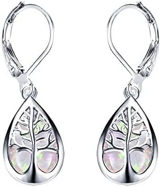 Sterling Silber Schmuck Exquisite Wassertropfen Blau Weiß Feuer Opal Leben Baum Baumeln Ohrringe Für Frauen(white) 925